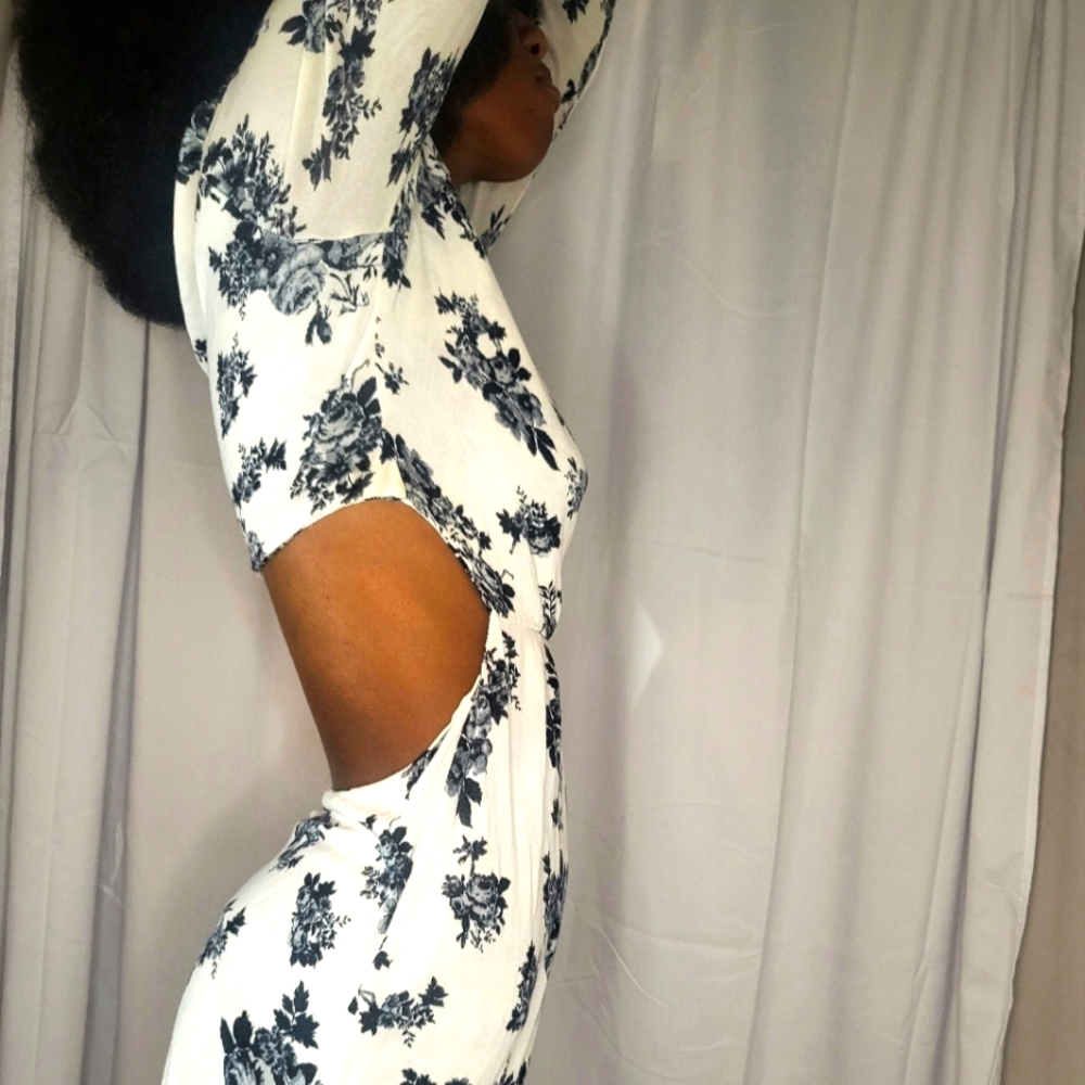 white dress  navy blue flowers